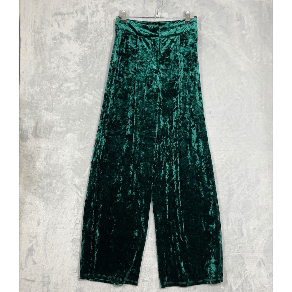 Forever 21 Pants S Emerald Green Velvet Wide Leg High Rise Pleated Trousers Glam